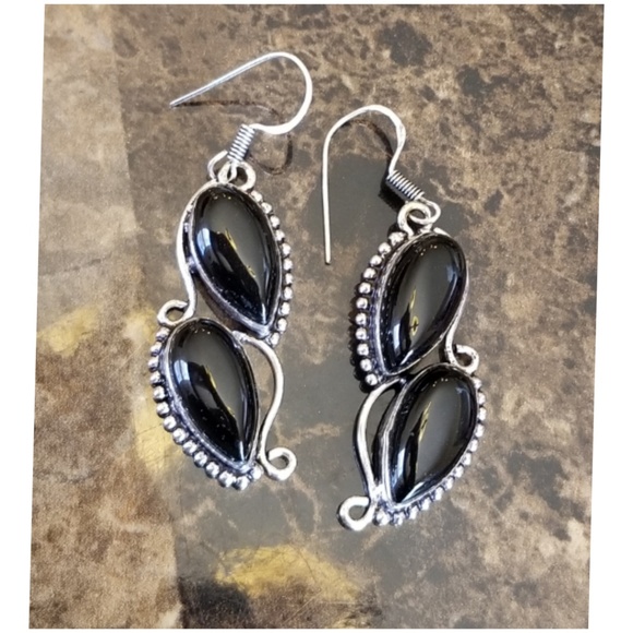 Black Onyx Silver Navajo French Hook Earrings 29068 Genuine Onyx Southwestern Design Hook Earrings